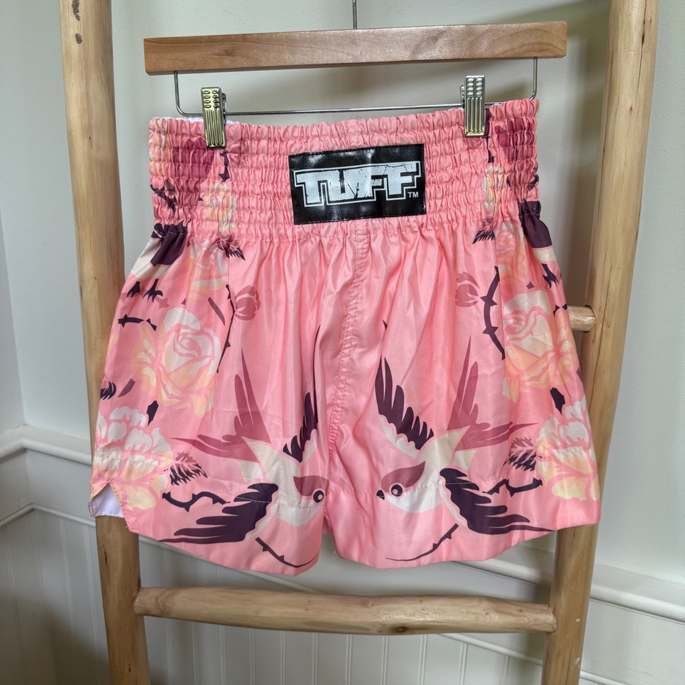 TUFF Muay Thai Boxing Shorts Pink Swallow Rose Floral Smocked Waist Women Medium